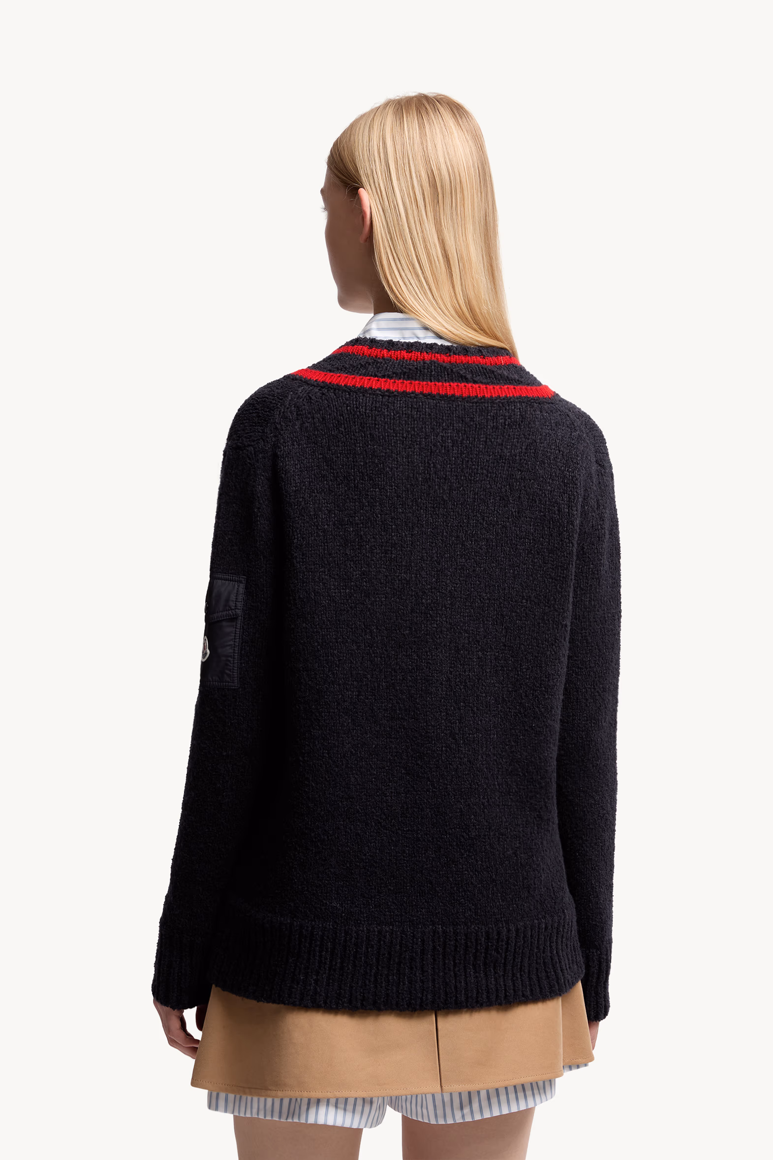 Padded V-Neck Cotton & Wool Blend Sweater Women Navy Blue Moncler 5
